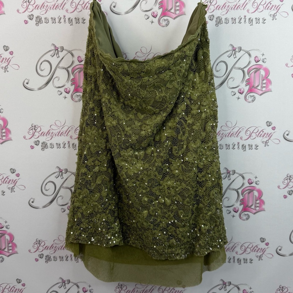 La chateau strapless top Olive Green shirt sequin Lace Cowl Neck Tank Top - Picture 1 of 11